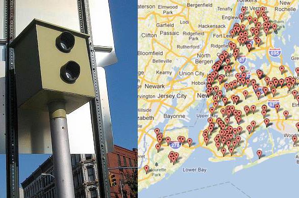 A red-light camera by flickr user UltraClay! and a map of red-light cameras